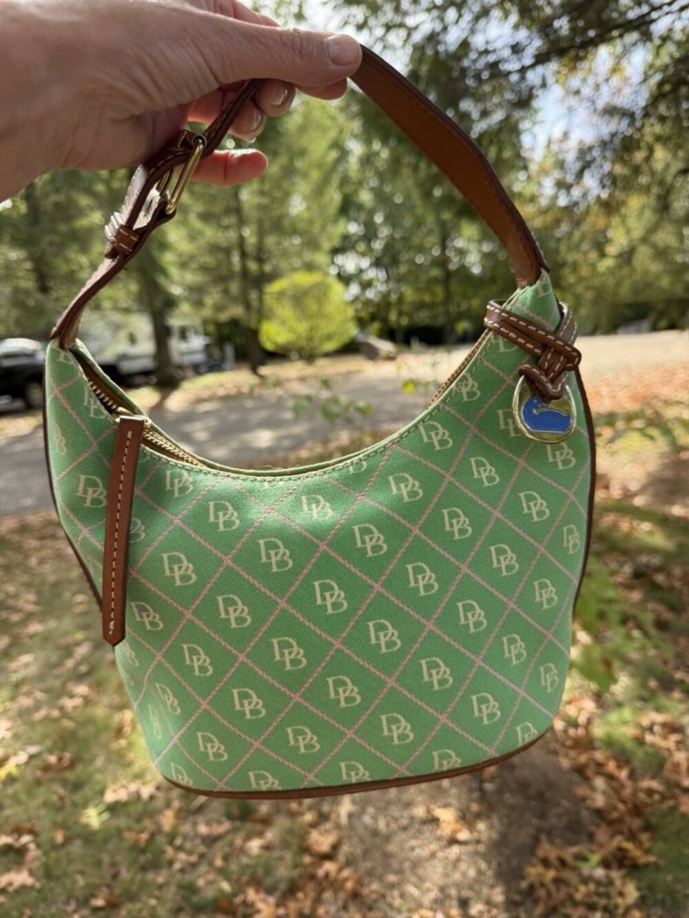 Dooney & Bourke green pink logo shoulder duck charm bag MINT CONDITION preppy